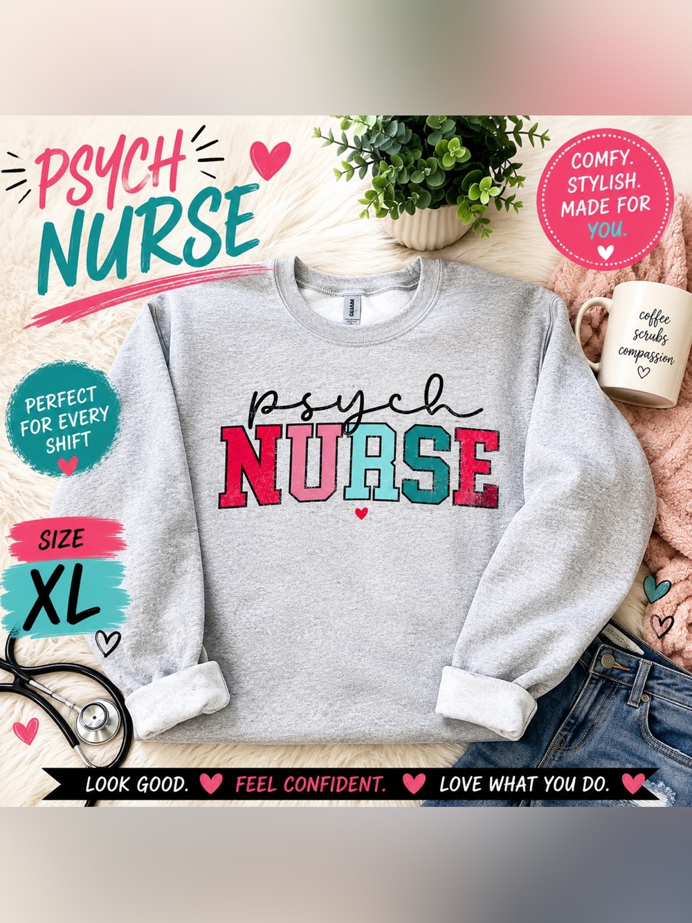 Gildan Gray Crewneck Sweatshirt with Pink & Teal 'NURSE' Lettering